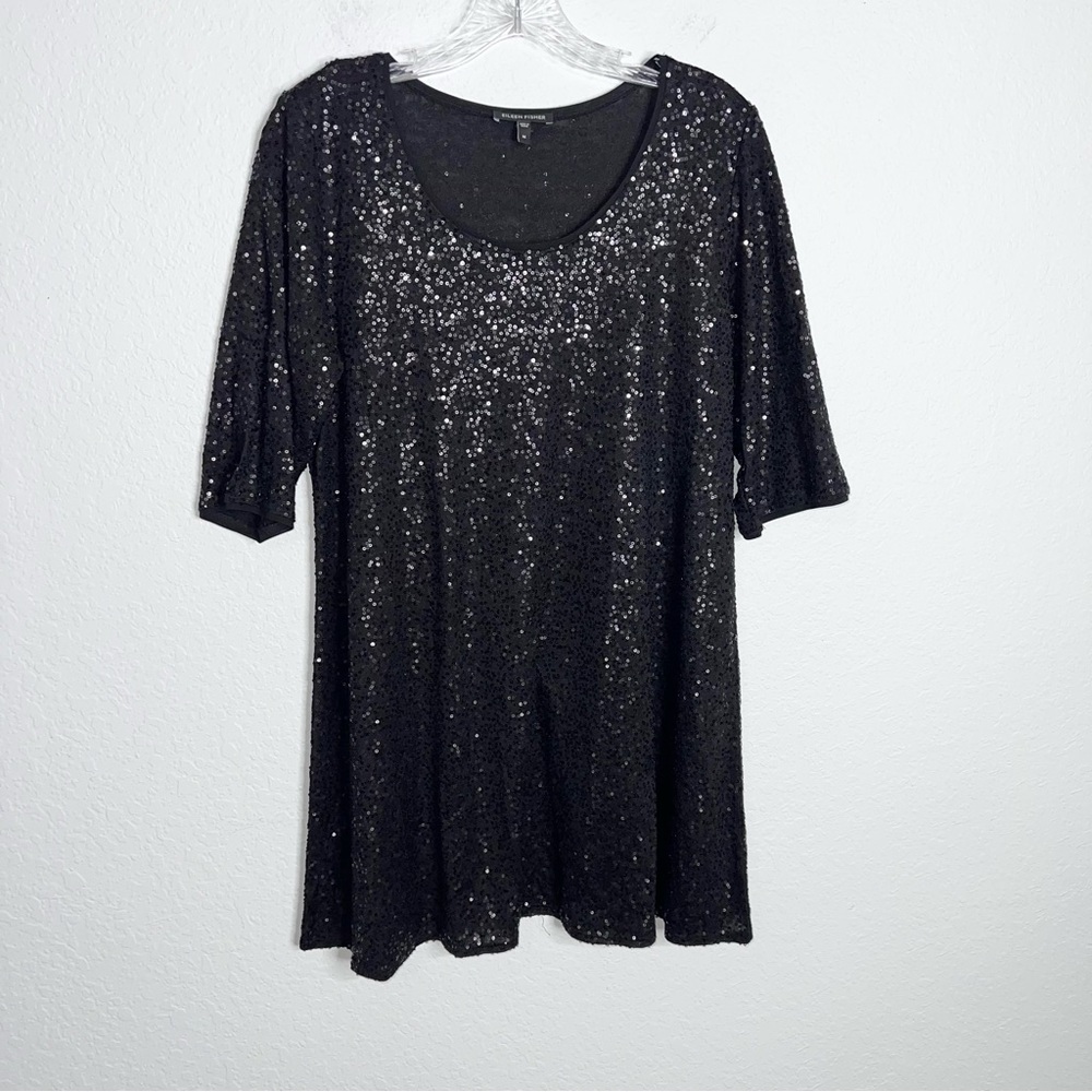 Eileen Fisher Silk Sequin Tunic Dress Womens Medium Black BB